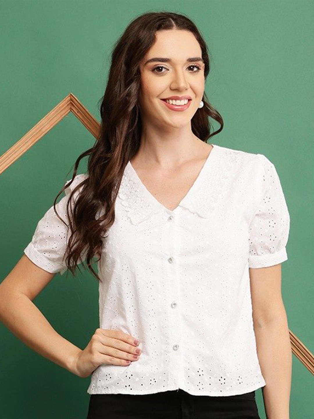 

SHAHVEER CREATION Schiffli Shirt Style Crop Top, White