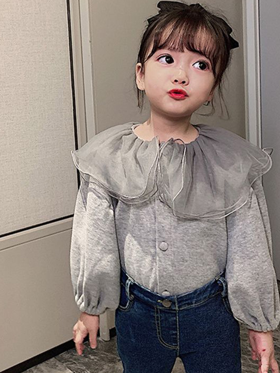 

StyleCast x Revolte Girls Solid Peter Pan Collar Cotton Casual Shirt, Grey
