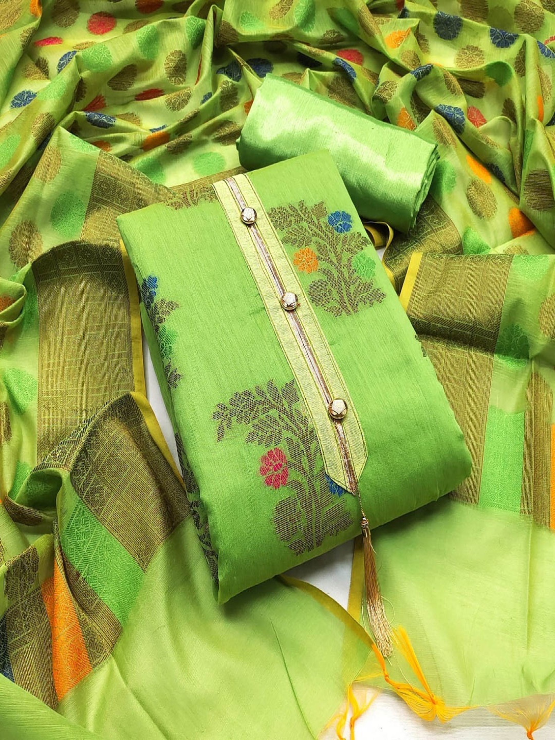 

Aika Floral Woven Design Jacquard Unstitched Dress Material, Green