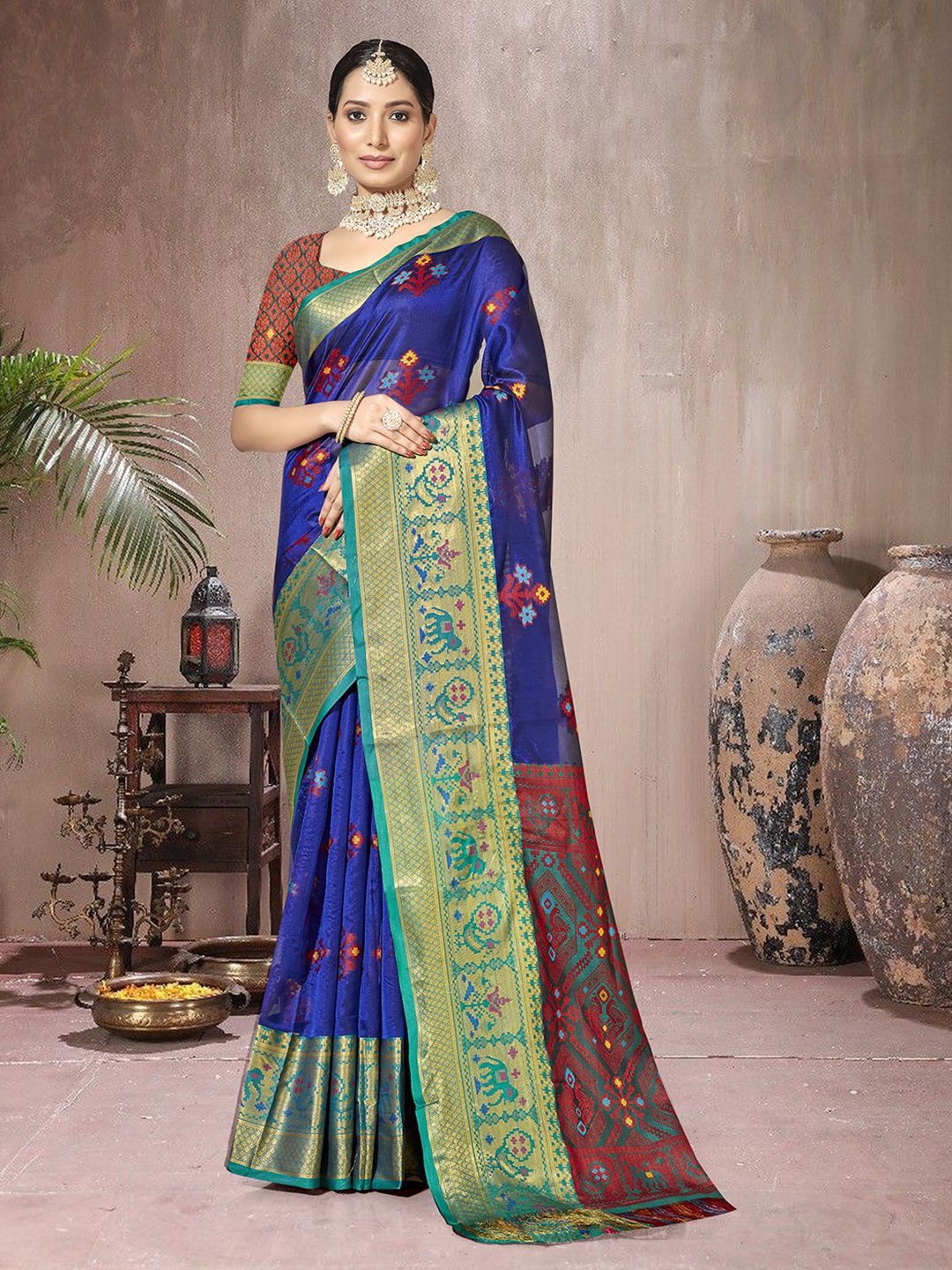 

sagarika Woven Design Zari Organza Patola Saree, Blue