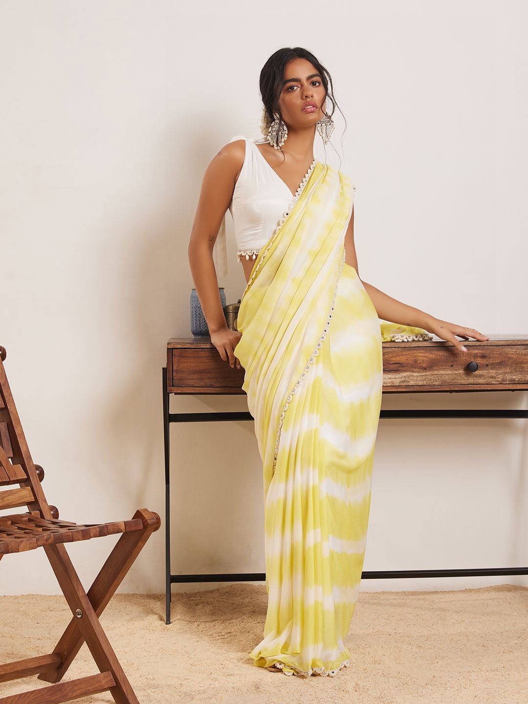 

Dorabi Striped Embroidered Pure Chiffon Saree, Yellow