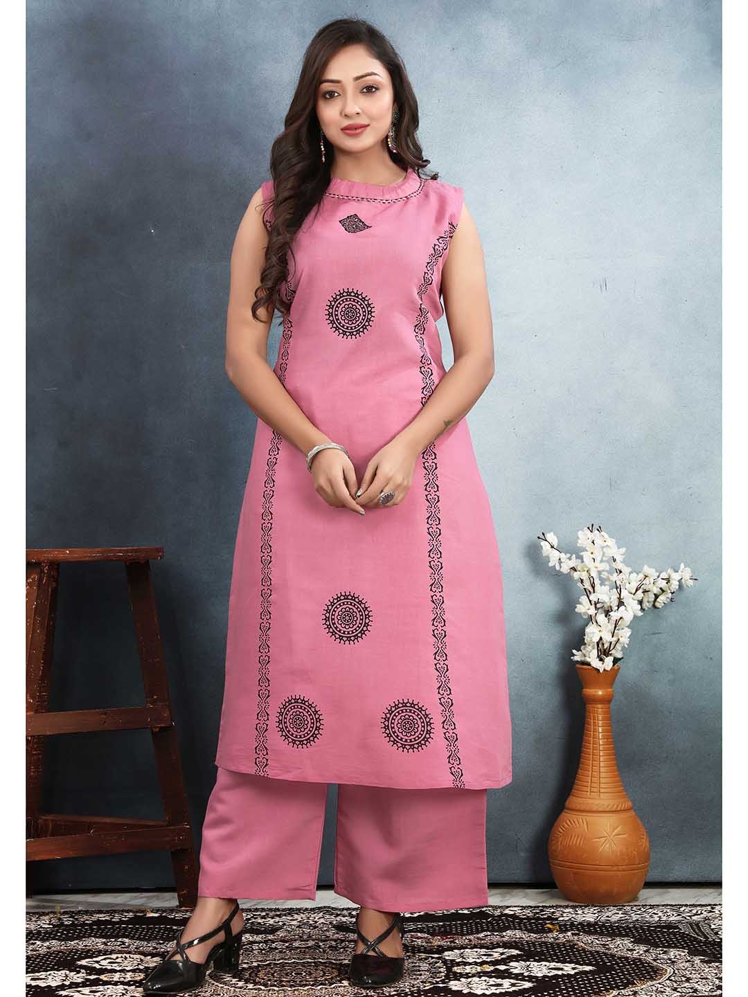 

Siya Fashion Ethnic Motifs Printed A-Line Sleeveless Kurta With Trouser, Pink