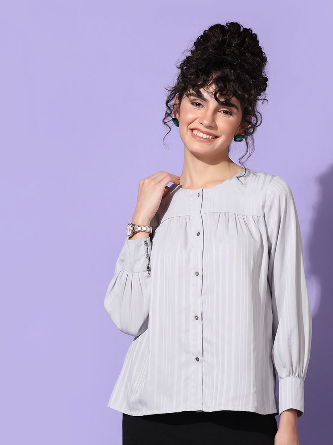 

BAESD Women Round Neck Striped A-line Top, Grey