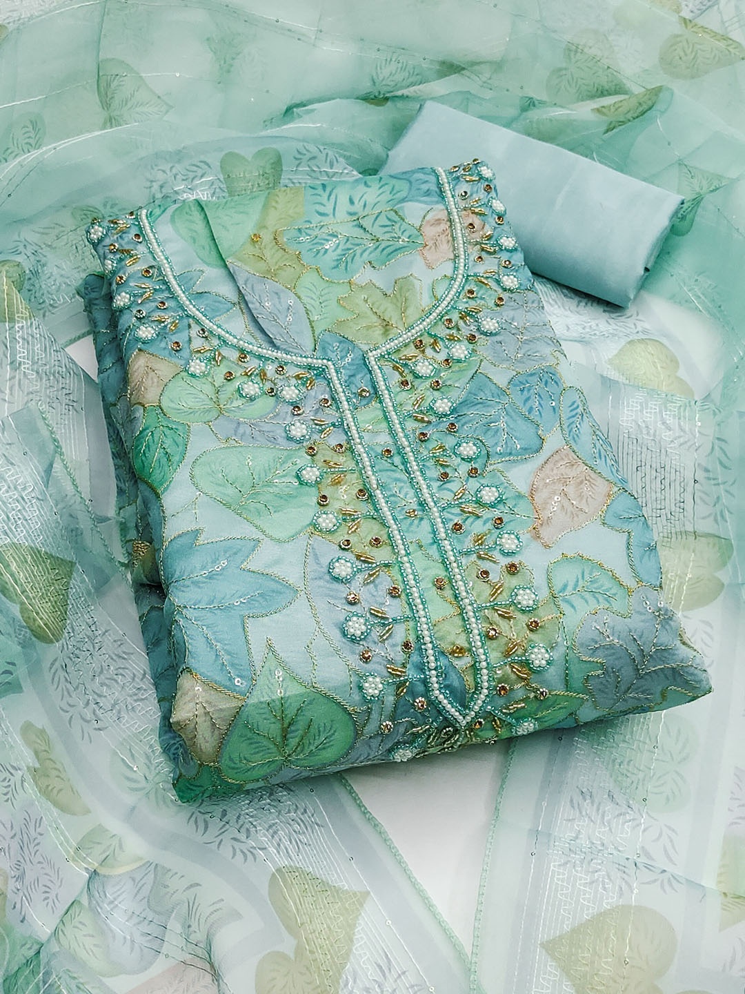 

HERE&NOW Floral Printed Beads And Stones Organza Unstitched Dress Material, Teal