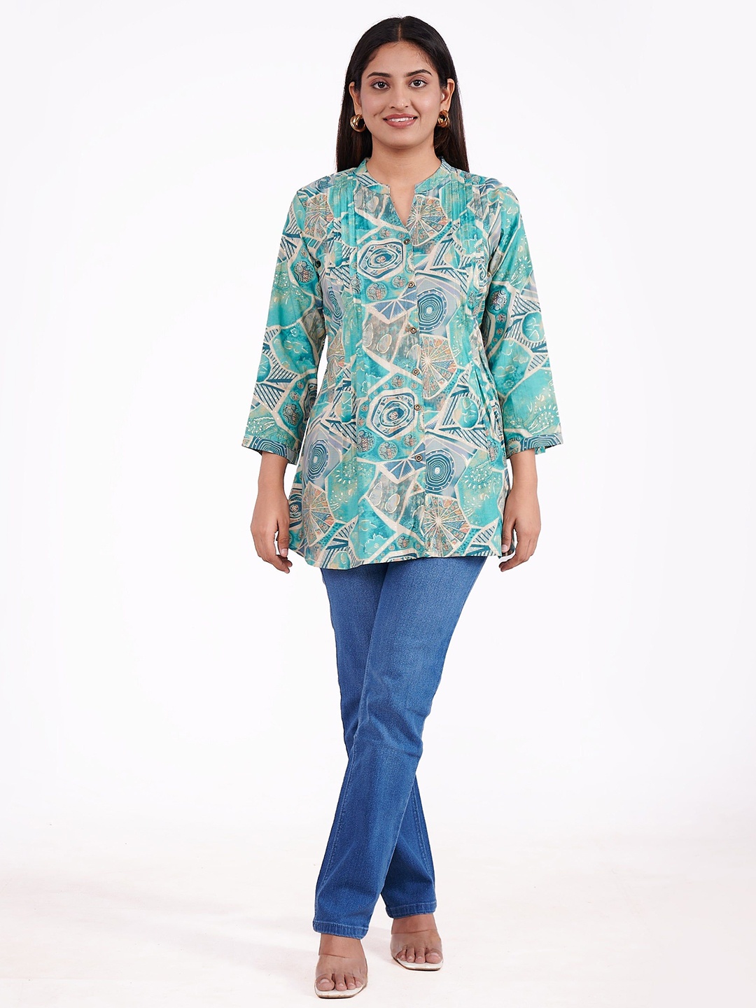 

FREYAA Mandarin Collar Printed Tunic, Blue