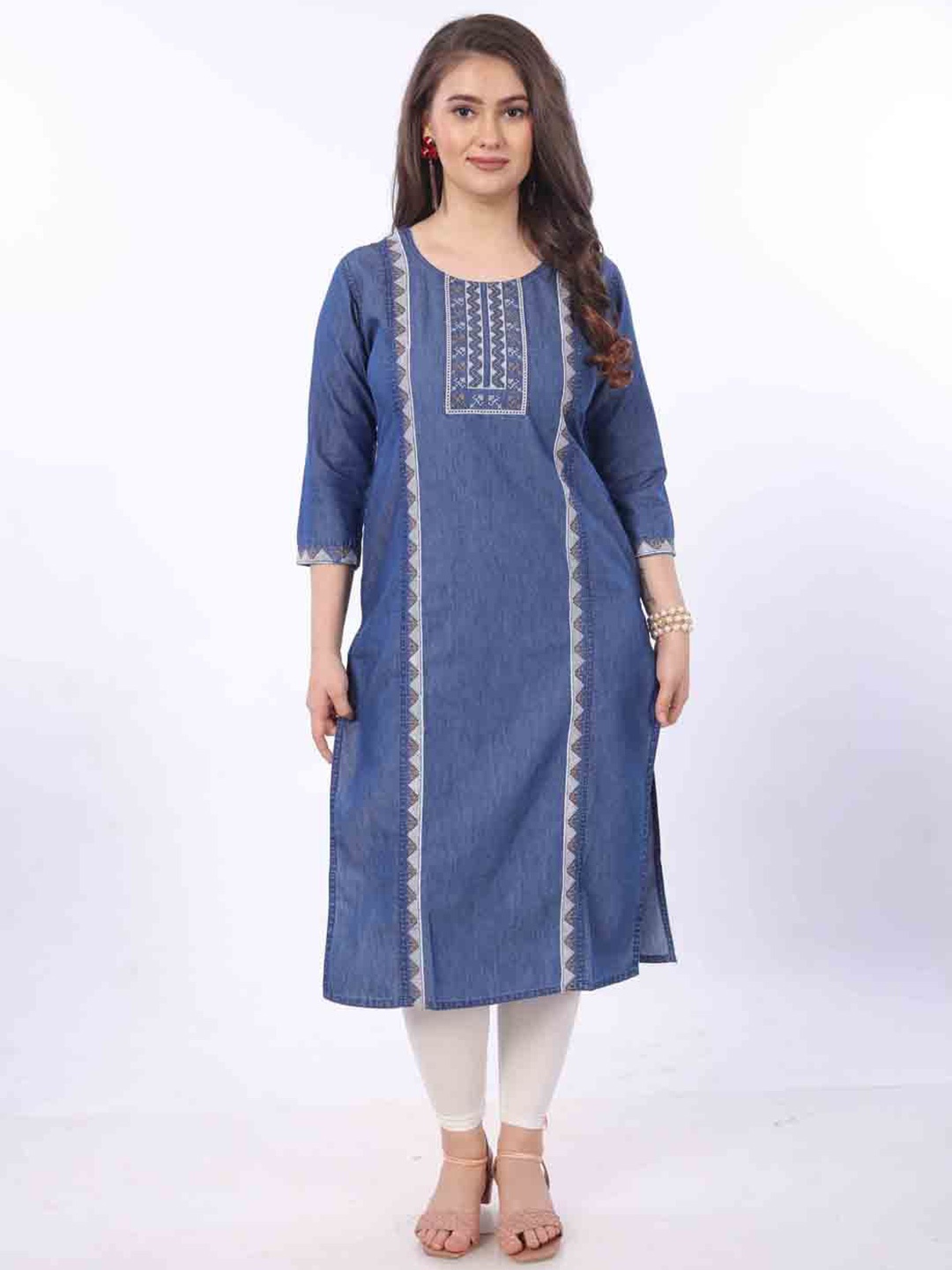 

SK Creation Women Ethnic Motifs Embroidered Thread Work Denim Kurta, Blue