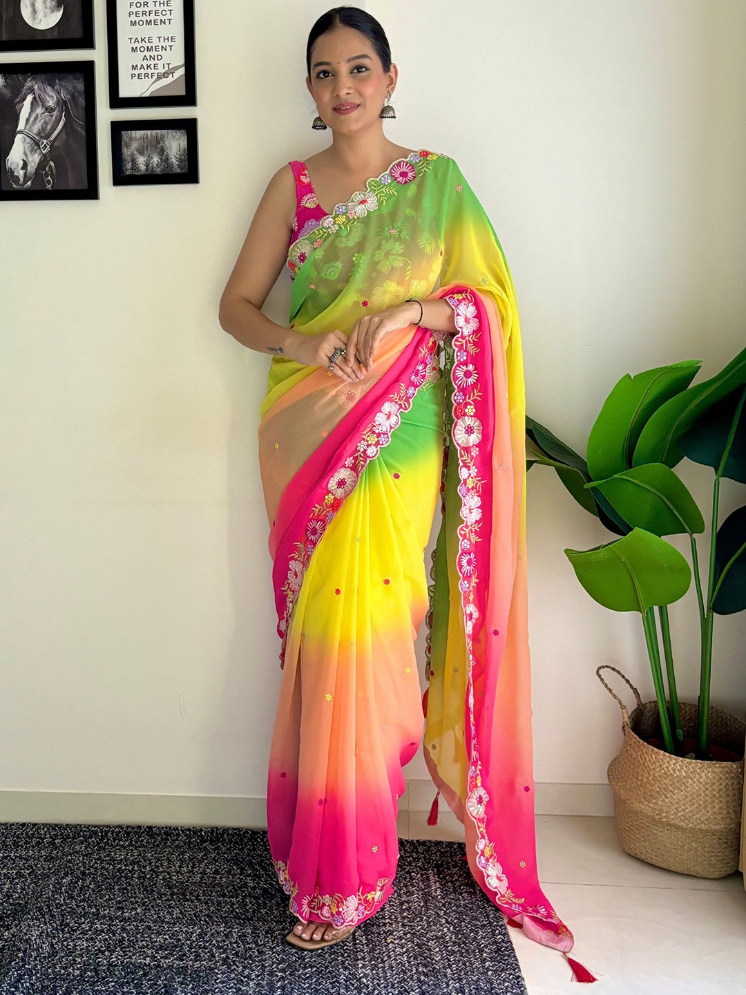

Aika Embellished Sequinned Pure Georgette Saree, Yellow