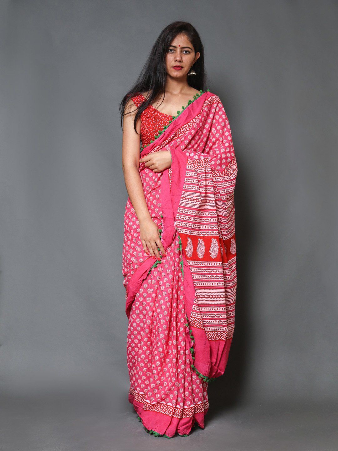 

Craft Musium Pure Cotton Bagru Saree, Pink