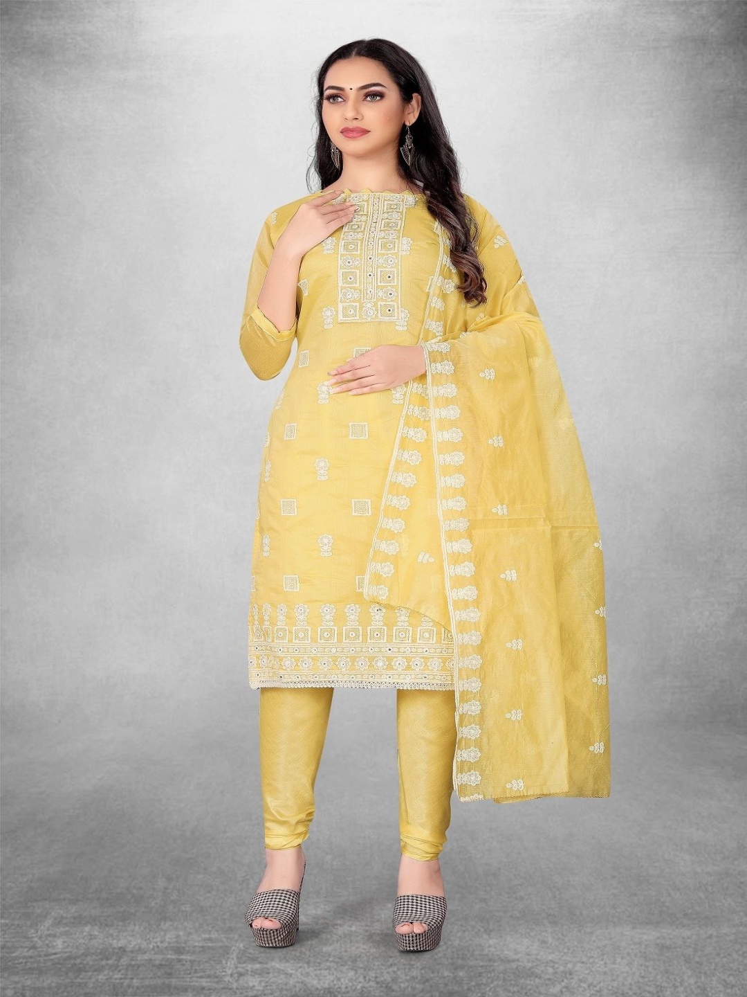 

Aika Floral Embroidered Unstitched Dress Material, Yellow