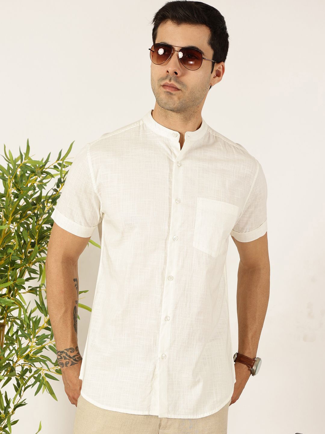 

Mast & Harbour Men Premium Fit Band Collar Solid Cotton Casual Shirt, Off white