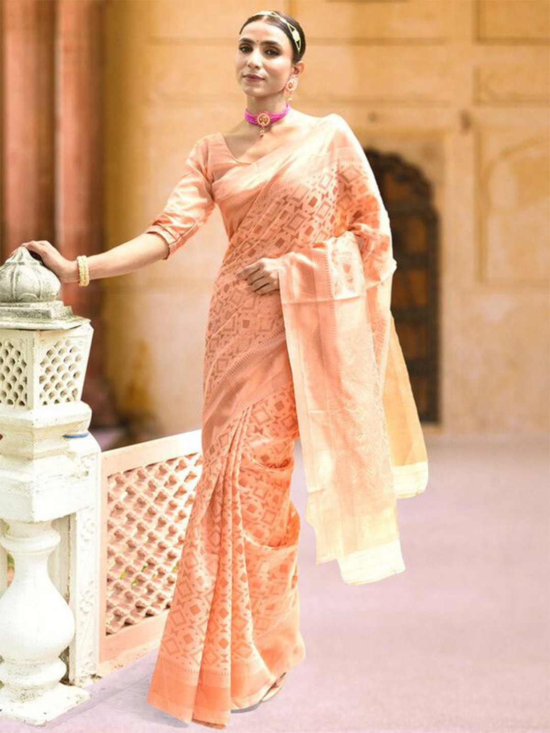 

sagarika Woven Design Chanderi Saree, Peach