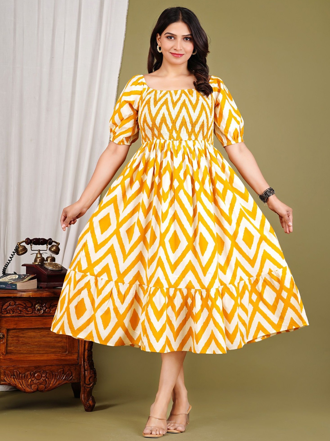 

BAESD Women Printed Puff Sleeve Fit & Flare Midi Dress, Yellow