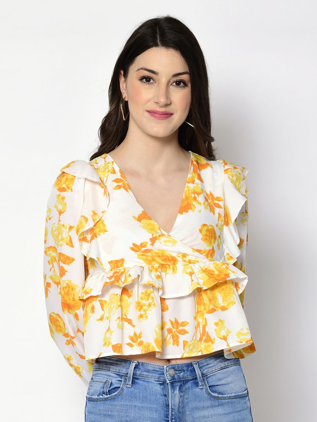 

DressBerry Women Floral Printed Puff Sleeve Ruffles Wrap Crop Top, White