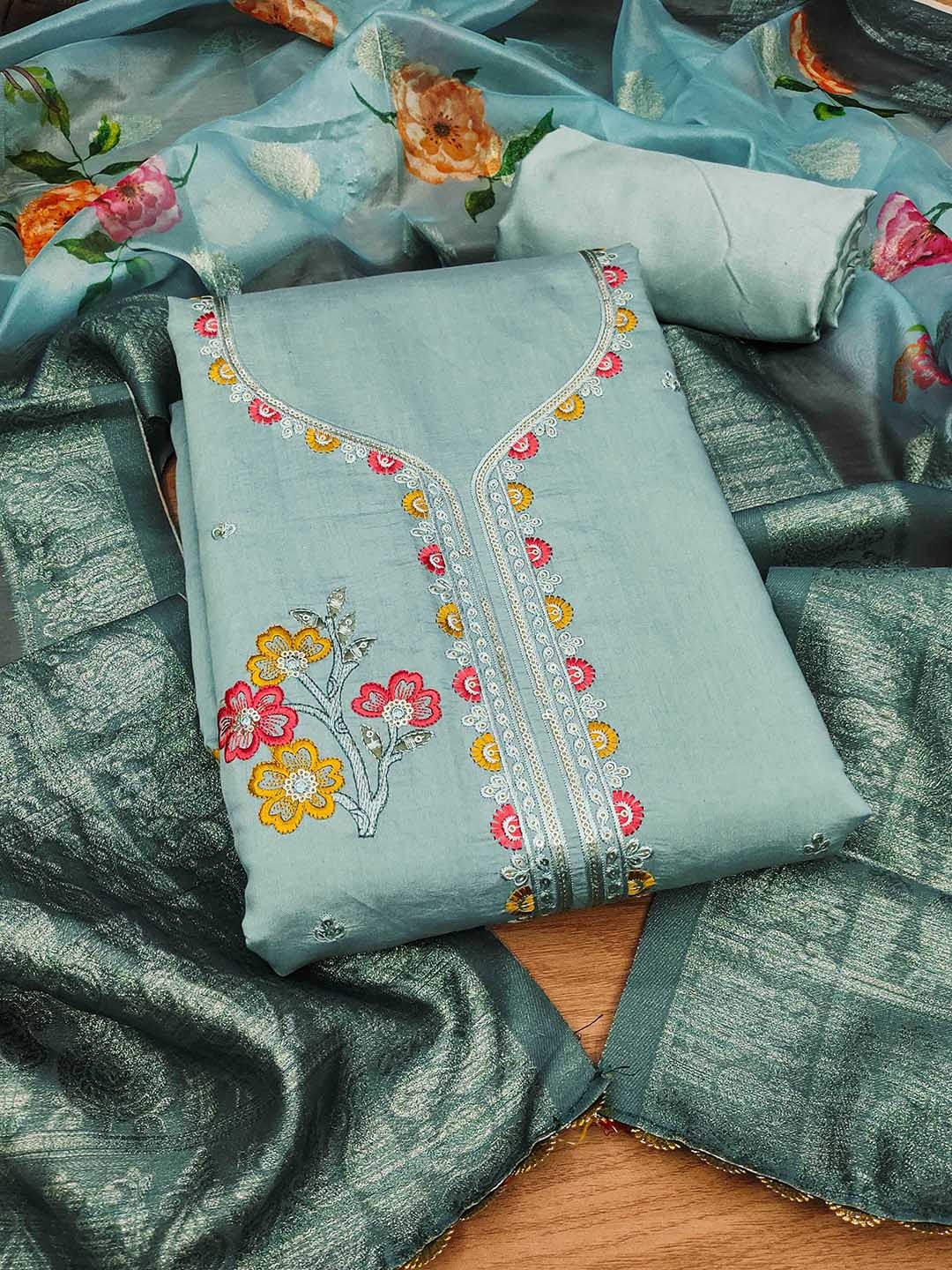 

HERE&NOW Floral Sequinned Roman Silk Unstitched Dress Material, Sea green