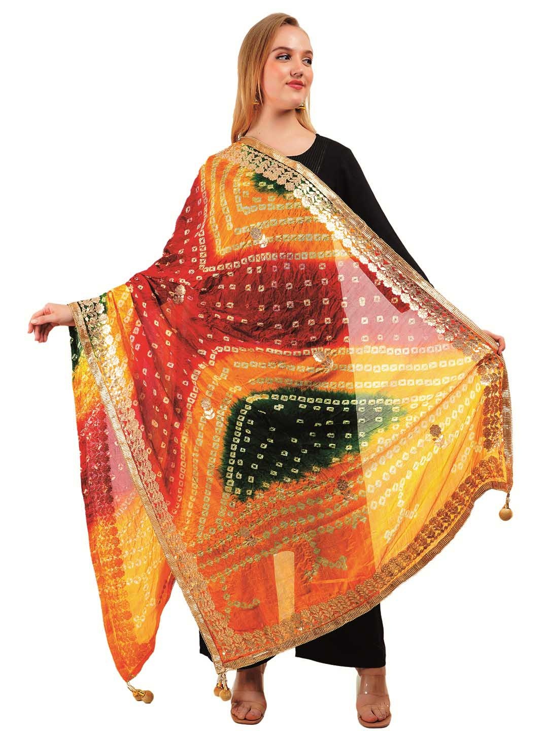 

Way2Like Bandhani Printed Gota Patti Rajasthani Silk Scarf Hijab Dupatta, Yellow