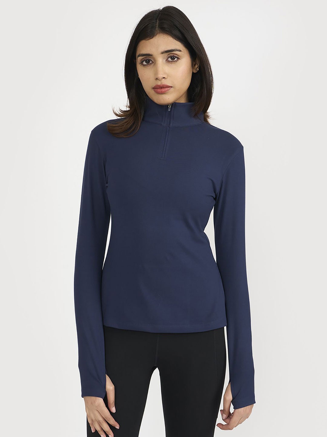 

Hunnit Zen High Neck Zipper Long Sleeves Training Jacket Top, Blue
