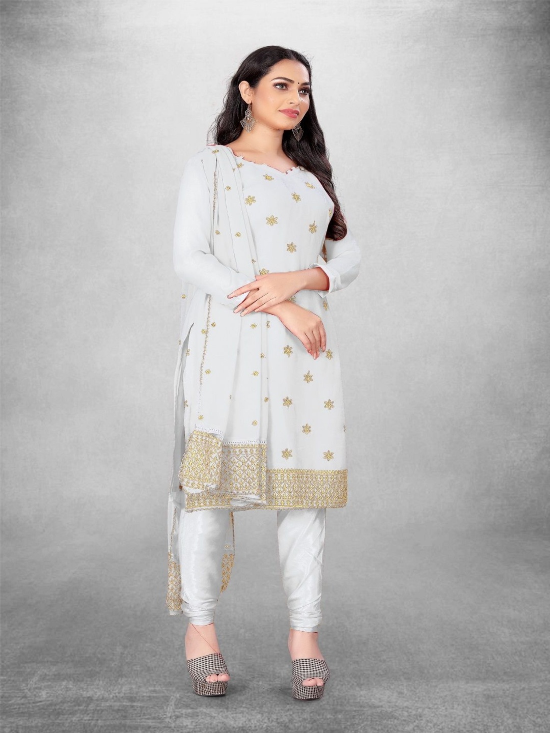 

Aika Ethnic Motifs Zari Embroidered Silk Georgette Unstitched Dress Material, White