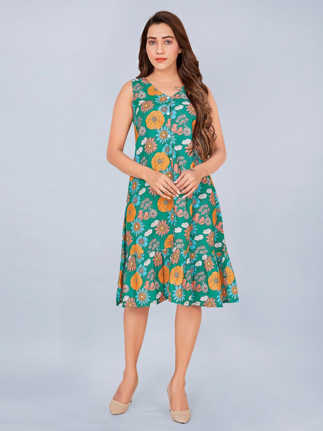 

BAESD Floral Printed Chiffon A-Line Dress, Green