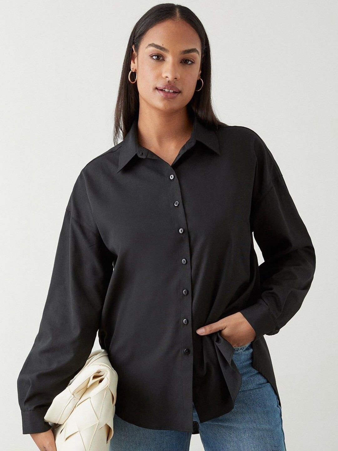 

WHY SO FAB Women Comfort Oversized Fit Spread Collar Solid Cotton Casual Shirt, Black