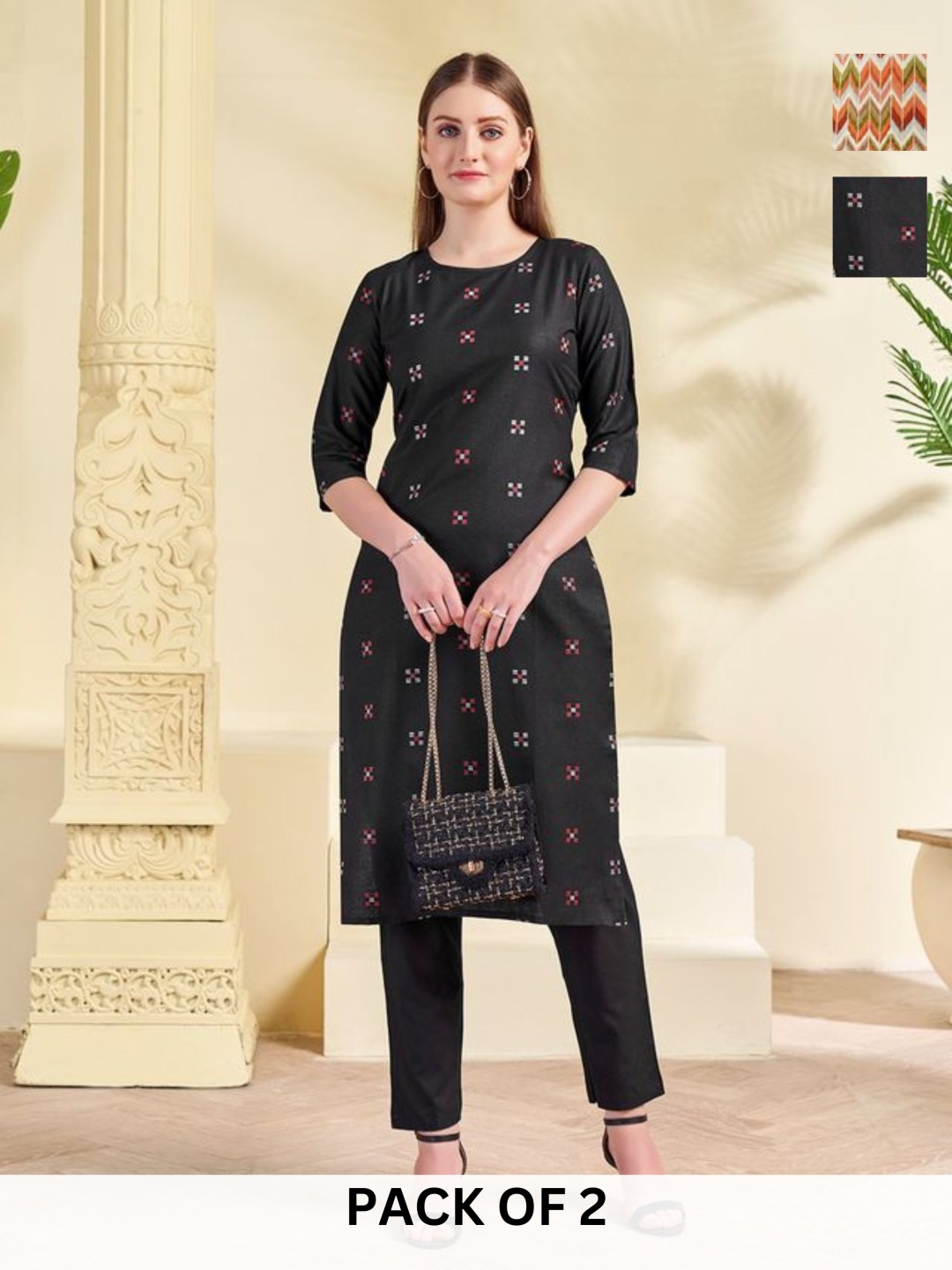 

KALINI Selection Of 2 Geometric Printed Round Neck Straight Kurtas With Trousers, Black