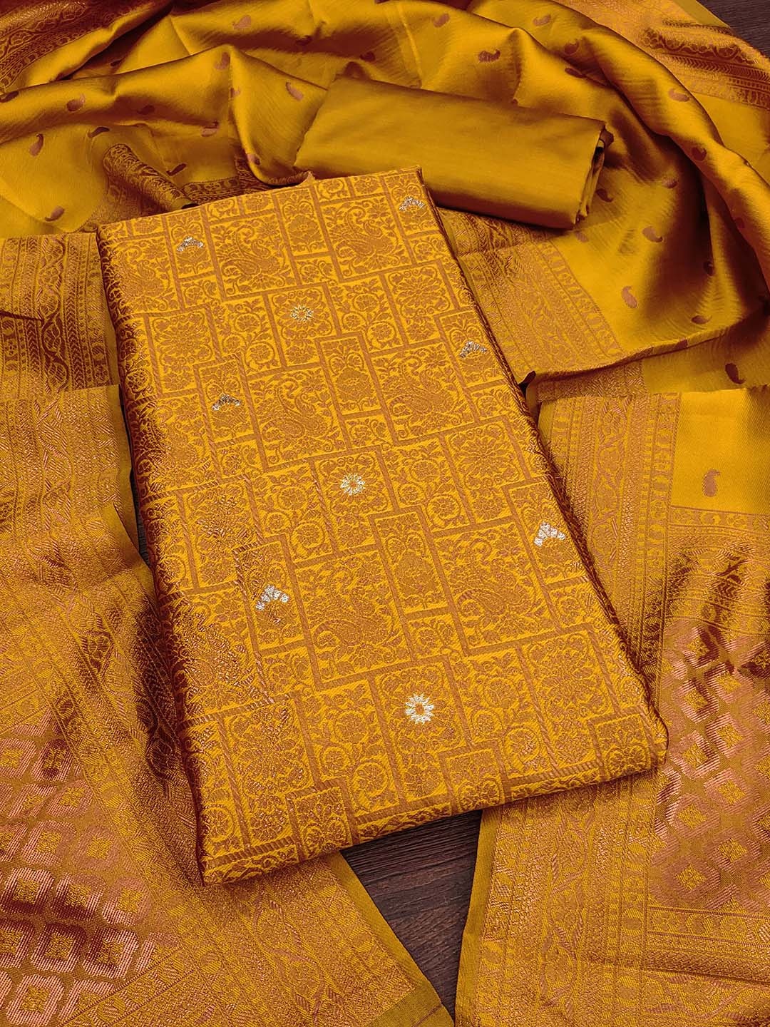 

HERE&NOW Ethnic Motifs Woven Design Jacquard Unstitched Dress Material, Mustard