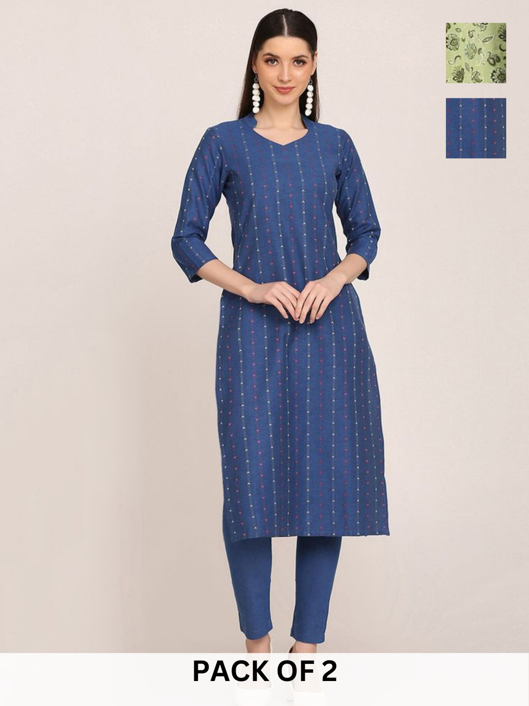 

KALINI Selection Of 2 Geometric Printed Mandarin Collar Straight Kurta With Trouser, Blue