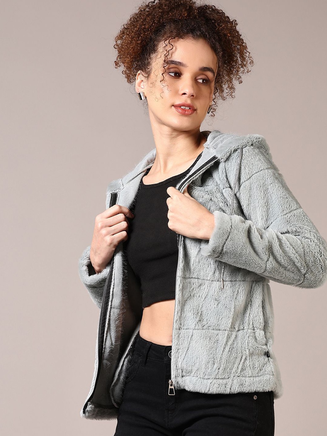 

V-Mart Women Fur Hooded Neck Sweatshirt, Grey