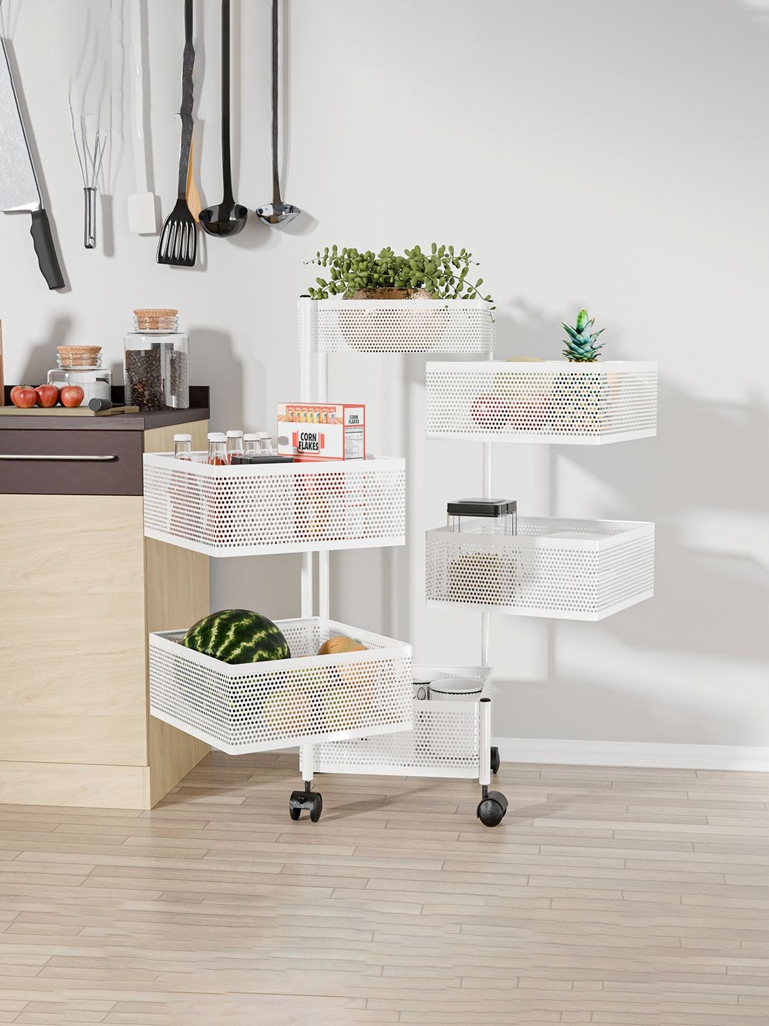 

Kuber Industries 5+1 Layer Kitchen Metal Storage Rack with Wheels White Kitchen Trolley