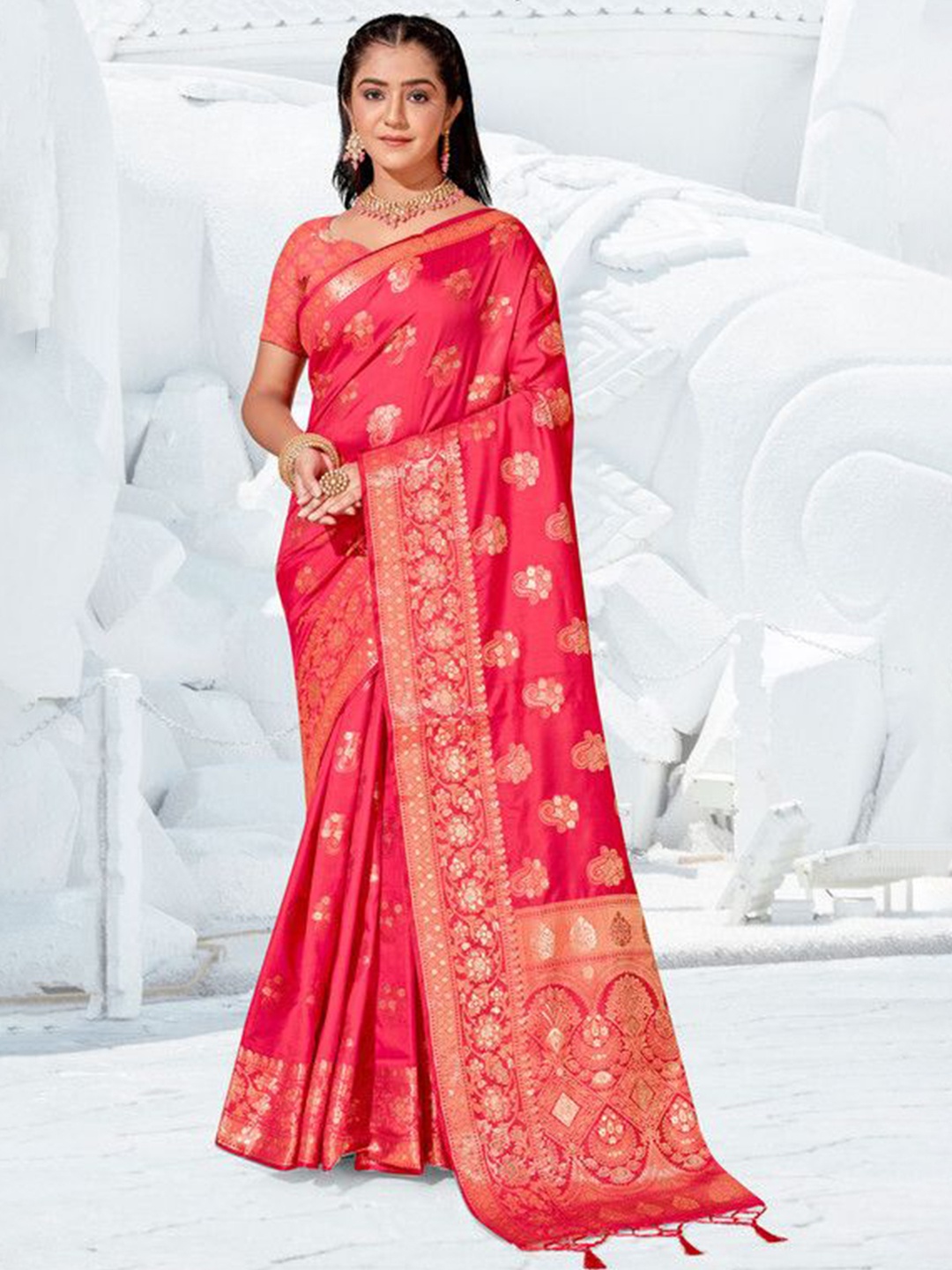 

sagarika Woven Design Zari Banarasi Saree, Coral