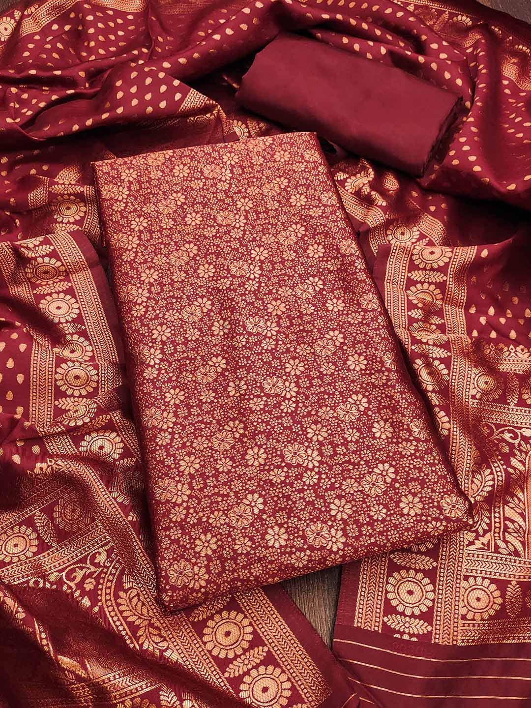 

HERE&NOW Floral Woven Design Zari Unstitched Dress Material, Maroon