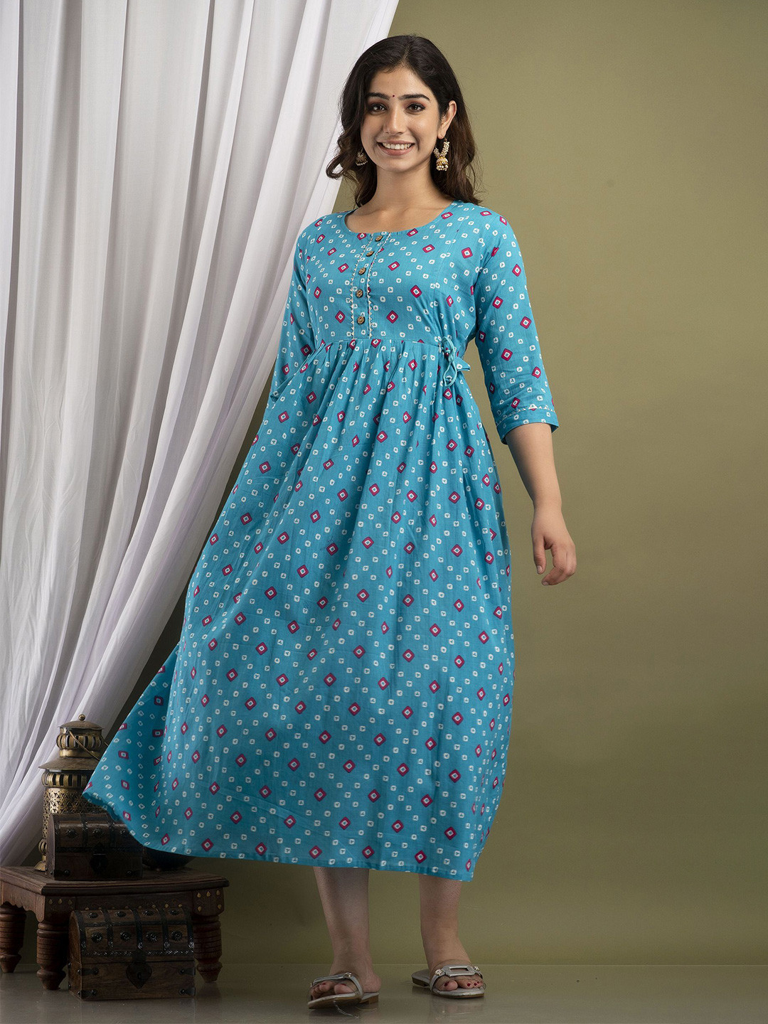 

mad fury Women Printed Maternity Cotton Fit and Flare Midi Dress, Turquoise blue