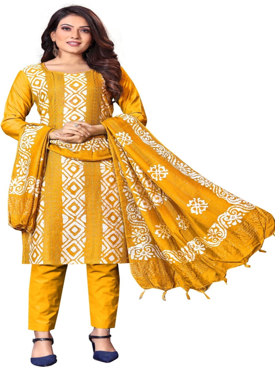 

Aika Ethnic Motifs Printed Pure Silk Unstitched Dress Material, Yellow