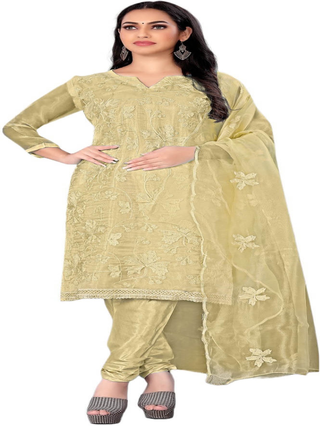 

Aika Floral Thread Work Unstitched Dress Material, Cream