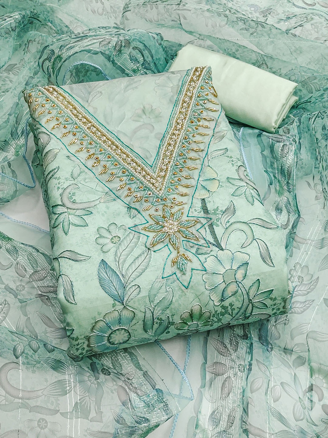 

HERE&NOW Floral Embroidered Beads And Stones Organza Unstitched Dress Material, Sea green