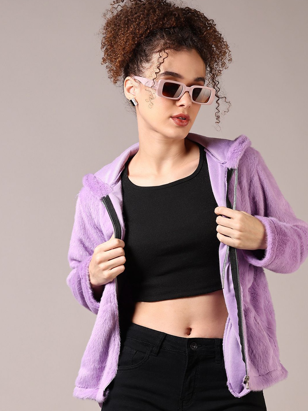 

V-Mart Women Fur Hooded Neck Sweatshirt, Purple