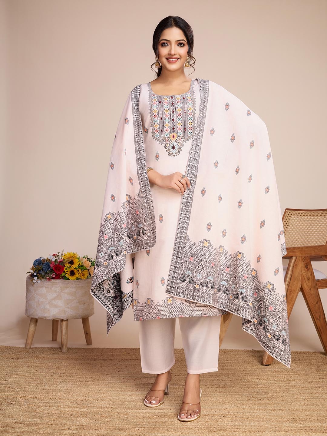 

Siya Fashion Ethnic Motifs Printed Sequinned Kurta With Trouser And Dupatta, White