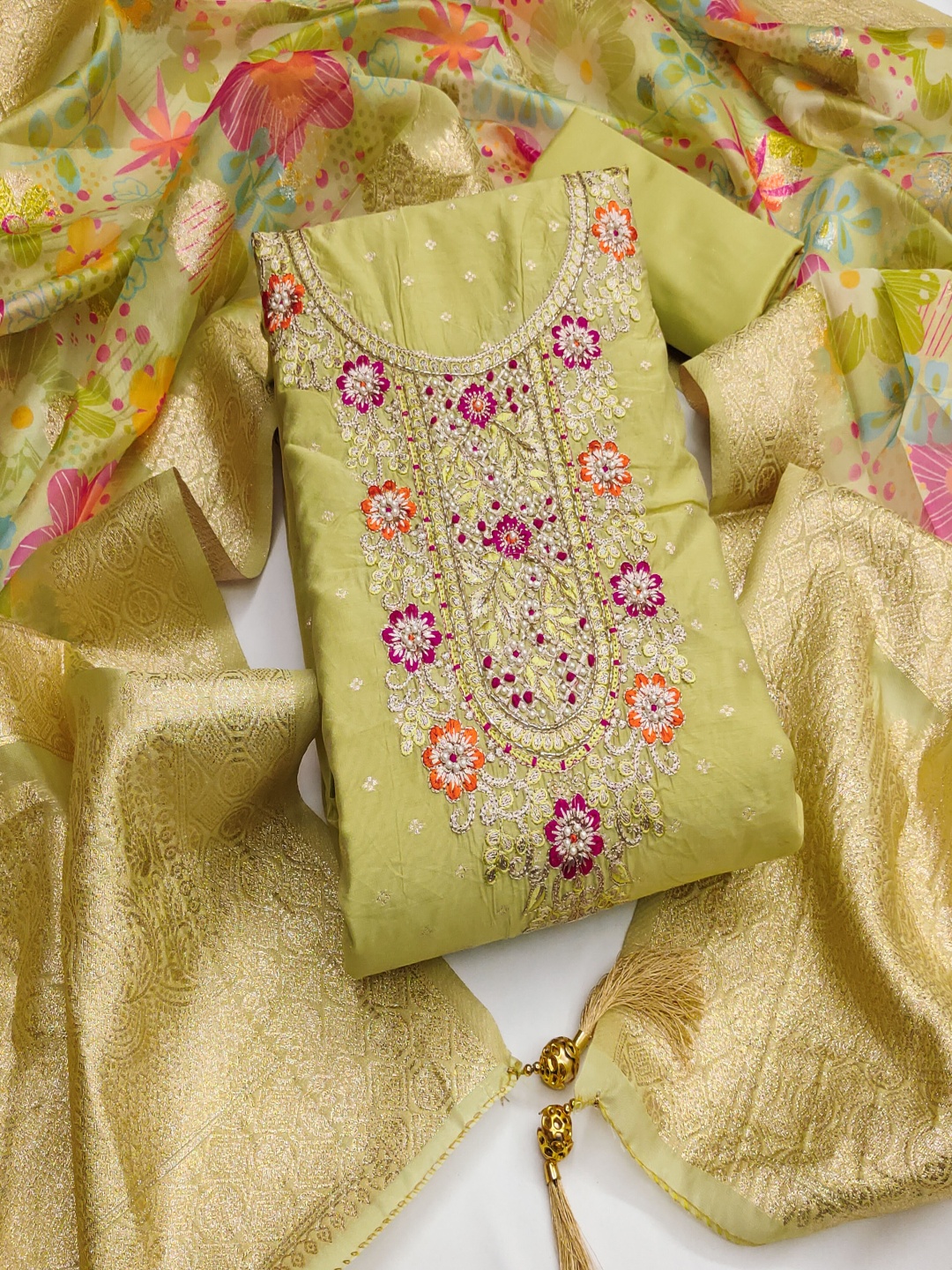 

HERE&NOW Floral Embroidered Zari Work Cotton Jacquard Unstitched Dress Material, Lime green