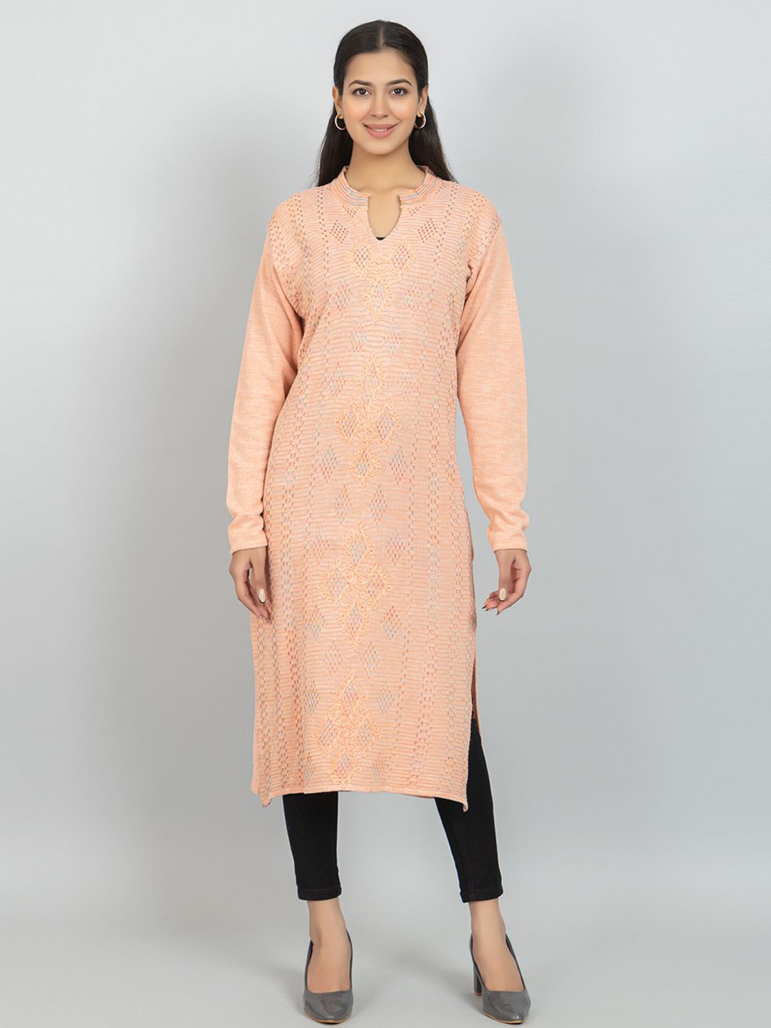 

Wool's Kart Floral Woven Design Mandarin Collar Woollen Straight Kurta, Orange