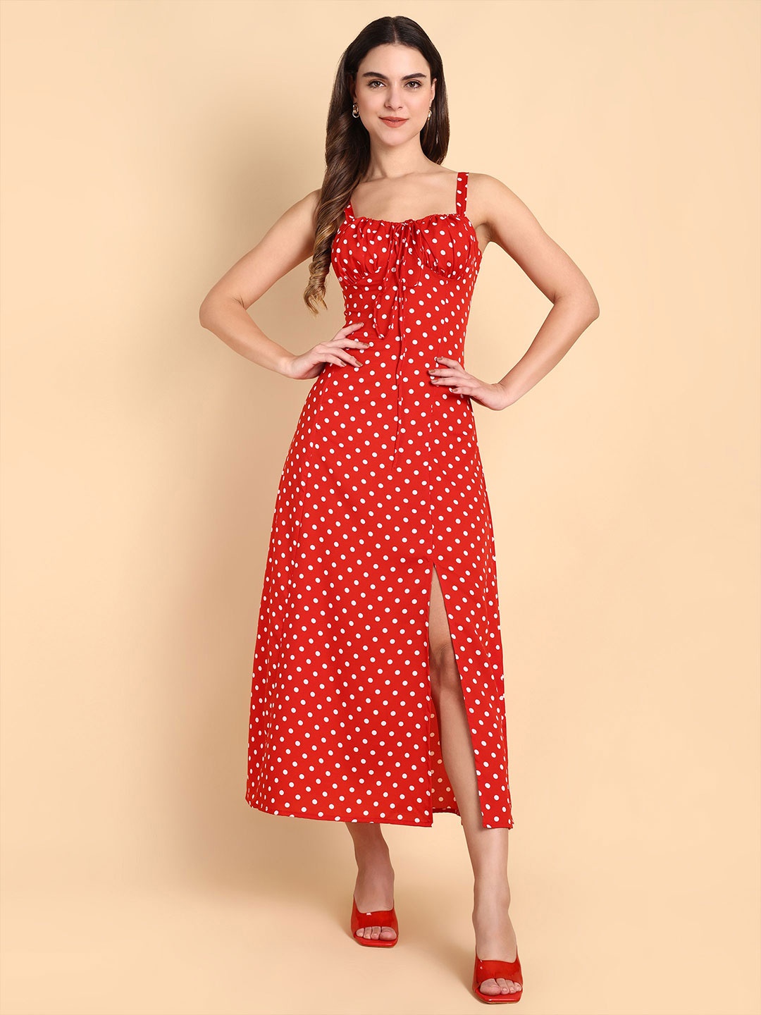 

ELYRAA Women Polka Dot Print Poly Rayon Fit & Flare Midi Red Dress