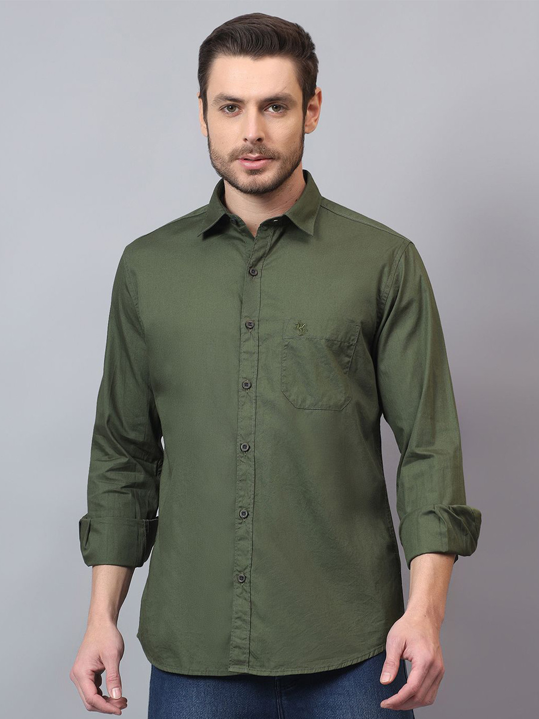 

Cantabil Men Spread Collar Solid Cotton Casual Shirt, Olive