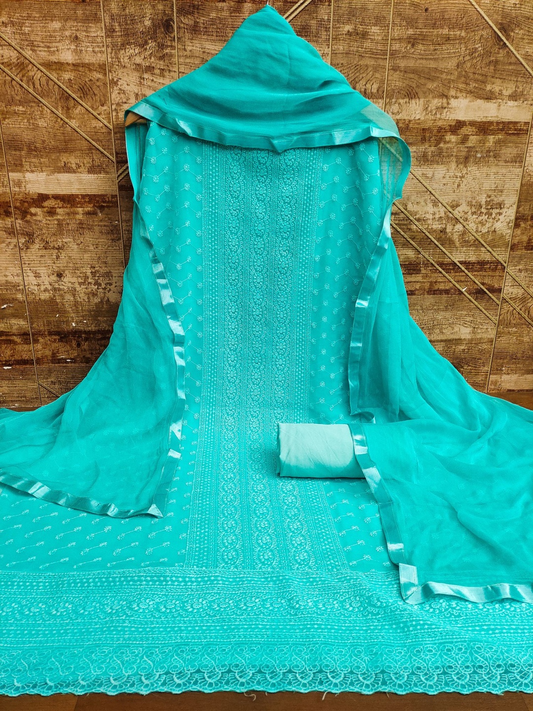 

Aika Floral Embroidered Silk Georgette Unstitched Dress Material, Blue