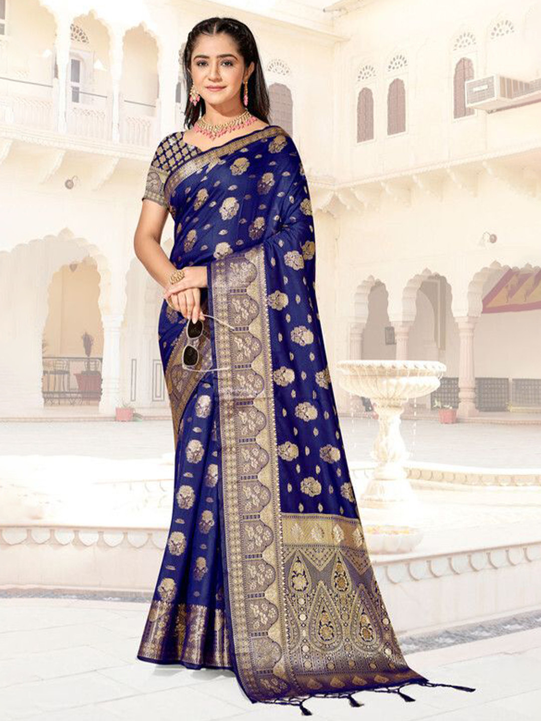 

sagarika Woven Design Zari Designer Banarasi Saree, Navy blue