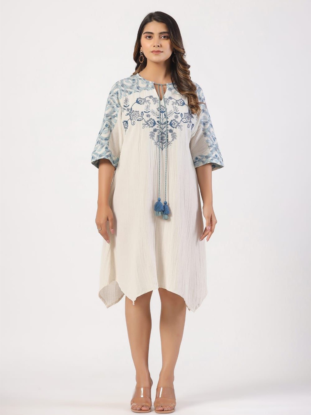 

FREYAA Floral Embroidered A-Line Dress, Beige