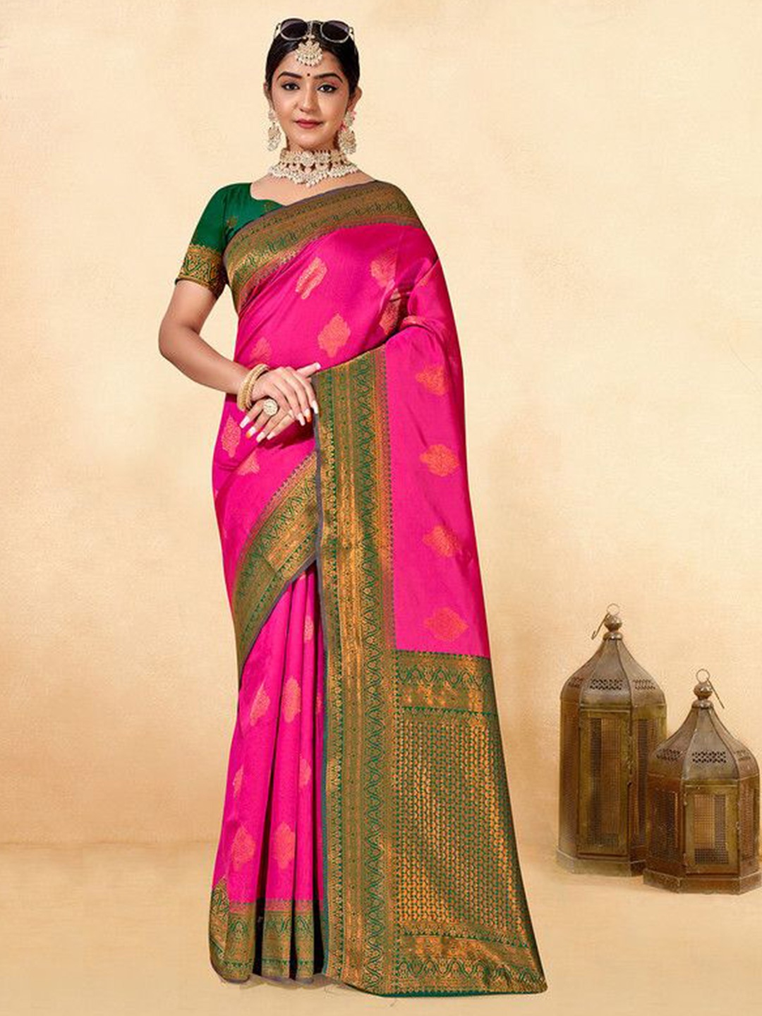 

sagarika Ethnic Motifs Zari Kanjeevaram Saree, Pink