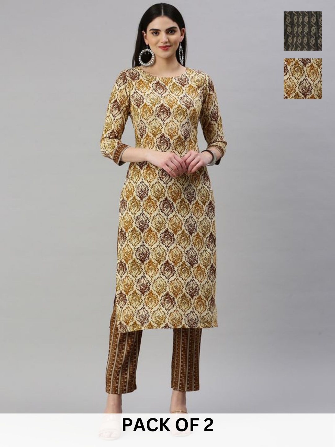 

KALINI Selection Of 2 Ethnic Motifs Printed Straight Kurta With Trousers, Cream