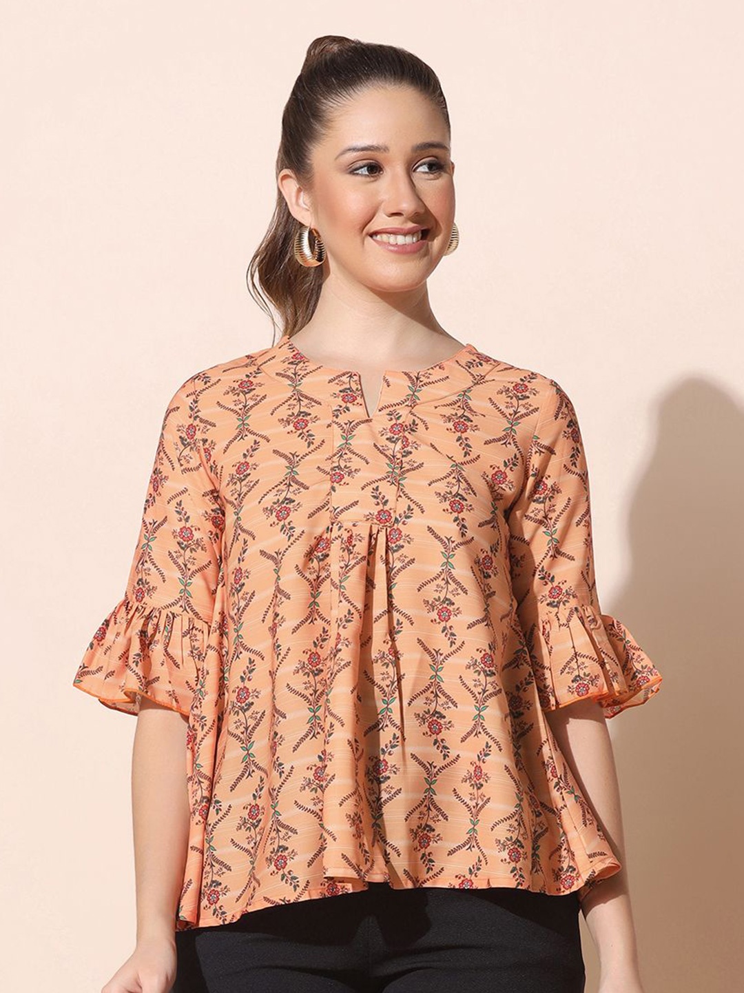 

BAESD Women Floral Printed Bell Sleeve A-Line Top, Orange