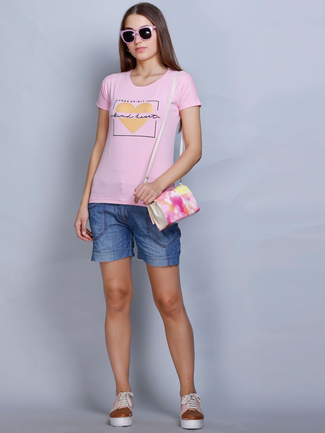 

Wool's Kart Women Printed Round Neck Cotton Top, Pink