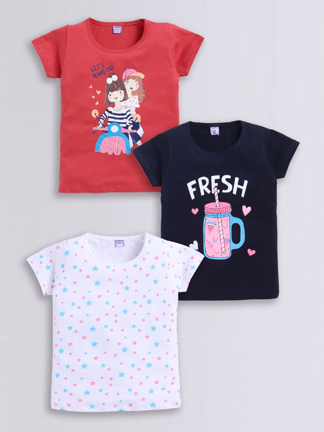 

Here&Now x Game Begins Girls Set of 3 Pure Cotton Printed T-shirts, Assorted