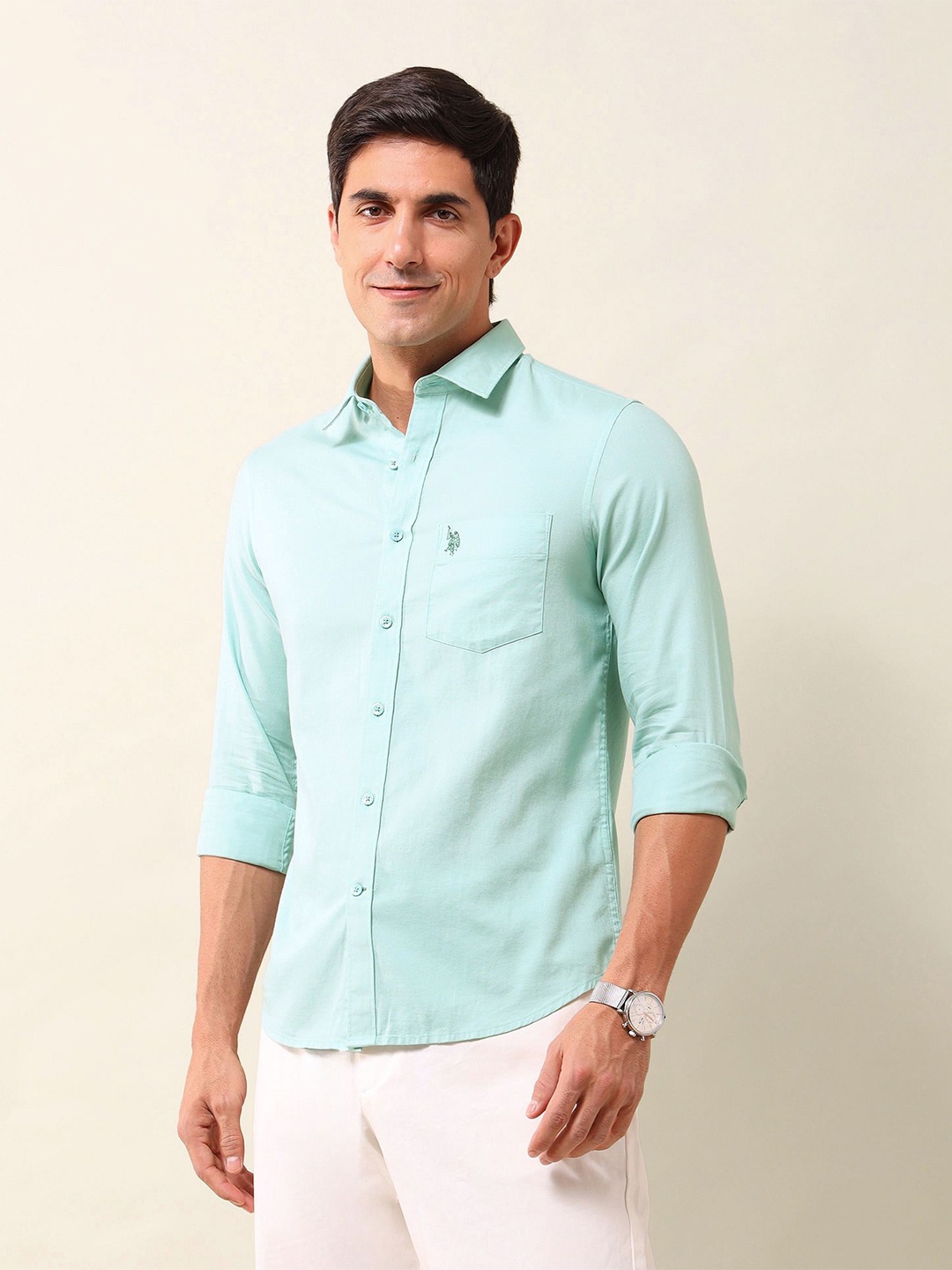 

U.S. Polo Assn. Men Spread Collar Solid Cotton Casual Shirt, Turquoise blue