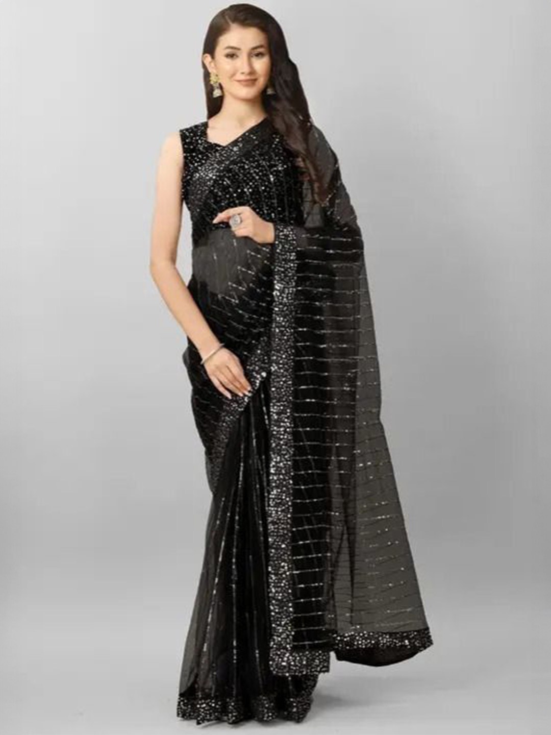 

JASHALFAB Embellished Beads and Stones Net Designer Saree, Black